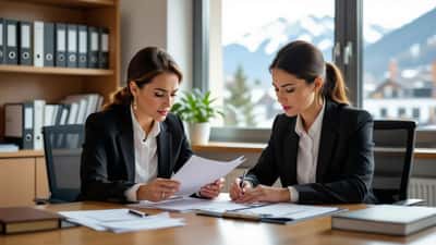 Une avocate en droit du travail examine un certificat médical avec une employée dans un cabinet suisse