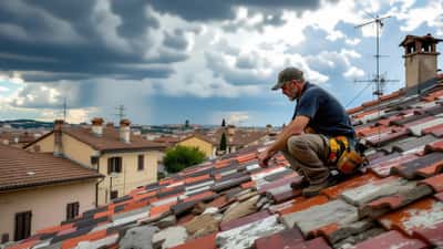 Proprietario di casa che ispeziona danni sul tetto dopo una grandinata in Italia