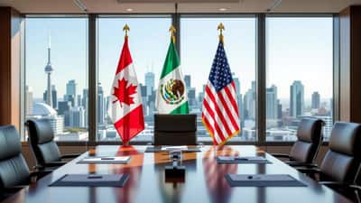 Canada, Mexico and United States flags on a trade negotiation conference table with documents