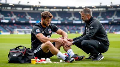 Footballeur blessé au mollet assis sur la pelouse, soigné par un physiothérapeute dans un stade