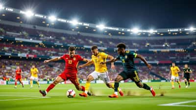Spain and Belgium fans fill a floodlit soccer stadium during an international match in 2026