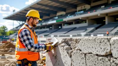 Baugutachter inspiziert beschädigte Betonstütze im Weserstadion