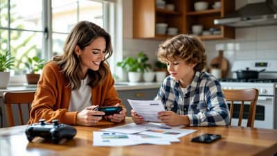 Australian parent and child reviewing video game spending charges on a tablet at the kitchen table