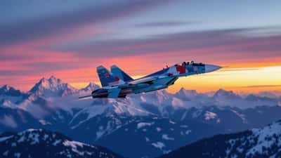 Suchoi Su-35 Kampfflugzeug über den österreichischen Alpen bei Sonnenaufgang