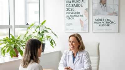Médica brasileira em consultório moderno em São Paulo conversando com paciente sobre saúde preventiva