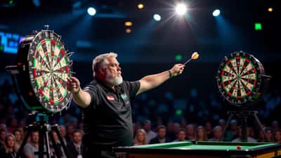 Darts player at the oche on a tournament stage, spotlights illuminating the dartboard in Blackpool