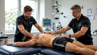 Un médecin du sport examine les ischio-jambiers d'un athlète sur une table de soins en clinique