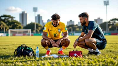 Atleta exausto em campo de futebol sob calor tropical intenso, assistido por profissional de saúde esportiva