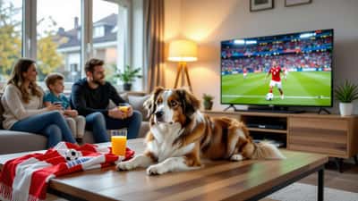 Angstige hond verstopt onder salontafel terwijl gezin WK 2026 wedstrijd kijkt in Nederlandse woonkamer