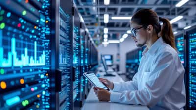 IT-asiantuntija tarkistaa energiankulutustietoja datakeskuksessa palvelinrivien välissä