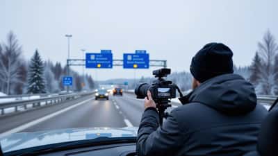 Dashkamera monterad på vindruta i bil på E4 motorvägen i Sverige