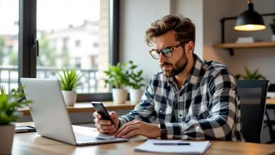 Uomo preoccupato guarda smartphone con blocco VoP su app bancaria