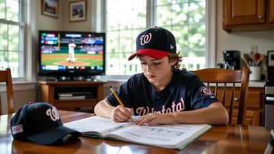Enfant canadien-français étudiant les statistiques de baseball MLB dans un cahier, casquette des Nationals sur la table