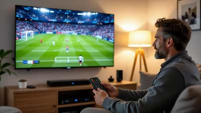British man with a remote adjusting a smart TV streaming a Major League Soccer match in a UK living room
