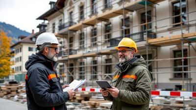 Immeuble historique du Bäderquartier de Baden Argovie en cours de rénovation, façade classée, professionnel consultant des plans 2026