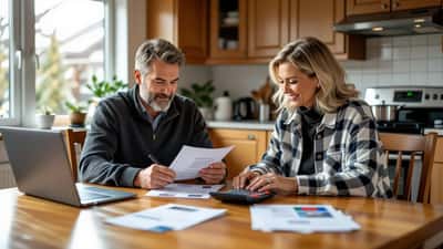 Couple reviewing a mortgage renewal letter at a kitchen table in Calgary
