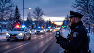 Suomalainen poliisiauto liikennevalvonnassa illalla