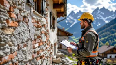 Bausachverständiger prüft Risse an Hausmauer nach Felssturz, Berge im Hintergrund