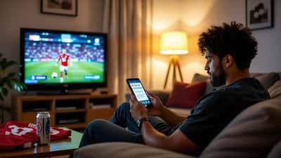 Homem brasileiro olhando para smartphone com alerta de segurança ao tentar assistir jogo via IPTV pirata