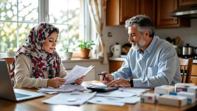 Paciente con cáncer revisa facturas médicas con un asesor financiero en la mesa de su cocina