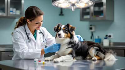 Veterinária brasileira examinando cão de raça indefinida em clínica veterinária de São Paulo