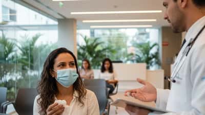 Mulher com sintomas de gripe em clínica médica sendo atendida por médico com estetoscópio em São Paulo