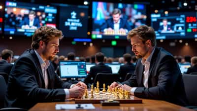 Magnus Carlsen concentrado numa partida de xadrez durante o Campeonato Mundial de 2026