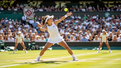 Young tennis player serving on Wimbledon's grass court in 2026