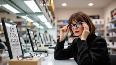 Frau probiert beim Optiker eine neue Brille mit glänzendem Gestell an