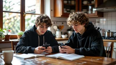 Studente e insegnante di ripetizioni osservano una app meteo e calcolano la probabilità di pioggia su un quaderno