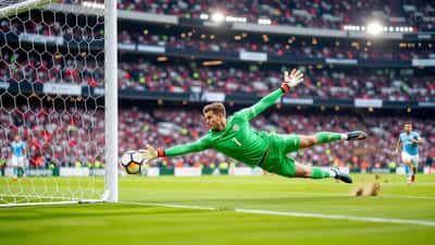 Professional goalkeeper diving to make a save under floodlights, illustrating sports injury risks and expert care