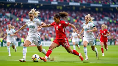 Women soccer players competing on pitch during Real Madrid vs Atletico Madrid Femenino Liga F match 2026