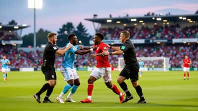 Fotballspillere i opphetet konfrontasjon på banen etter kamp, dommer griper inn
