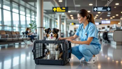 Un vétérinaire vérifie un chien installé dans une cage de transport homologuée IATA à l'aéroport