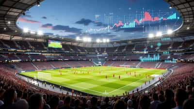 Football stadium with data visualization representing sports transfer valuation and expert market analysis
