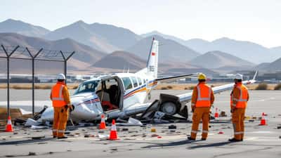 Enquêteurs en gilets orange examinant l'épave d'un avion léger près de la clôture d'un aéroport marocain