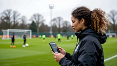 Professional footballer in training kit checking smartphone statistics at Premier League training ground