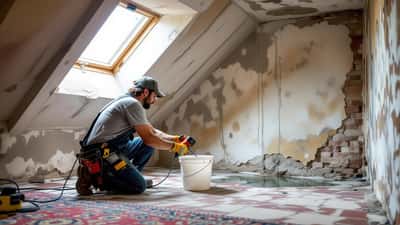 Artigiano ispeziona danni da infiltrazione d'acqua su soffitto dopo nubifragio Firenze 2026