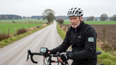Dansk amatørcyklist ser på cykelcomputer med effekt- og pulsdata ved landevej
