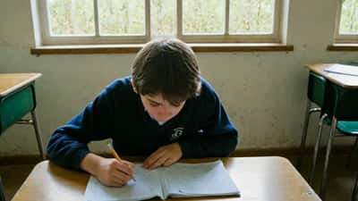 Élève de troisième concentré sur une copie d'examen dans une salle de classe française