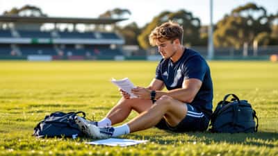 Young AFL player in Carlton training gear reviewing paperwork alone on a Melbourne football oval