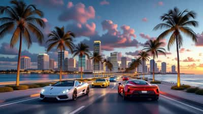 Neonbelyst Miami-inspirert bysilhuett med sportsbiler og palmer, illustrasjon til GTA 6-lansering 2026