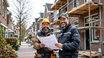 Aannemer en woningeigenaar bekijken renovatieplannen voor een Nederlandse rijtjeswoning in 2026