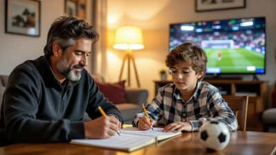 Padre e hijo analizan estadísticas de un partido de fútbol en un cuaderno frente al televisor