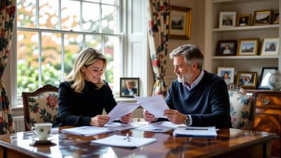 British family reviewing investment and financial planning documents in a London living room