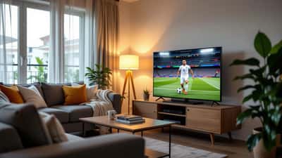 Smart TV en sala moderna mostrando el partido Marruecos vs Haití con dispositivos de streaming