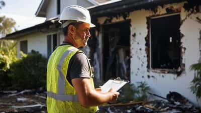 Home inspector examining fire-damaged house exterior in Brisbane suburb after Acacia Ridge house fire
