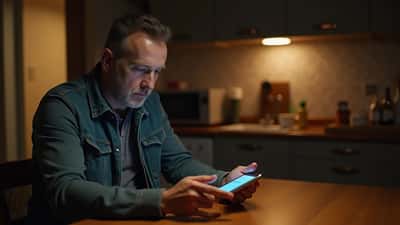 Mann ser på telefon med Norsk Tipping lottogevinst — Eurojackpot vinner