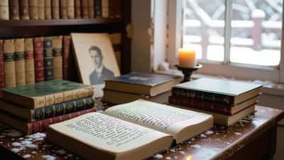 Recueil de poésie québécoise et manuscrits sur un bureau en Gaspésie, hommage à Madeleine Gagnon