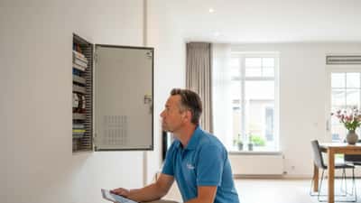 Nederlandse aannemer inspecteert elektrische installatie in woning op brandveiligheid